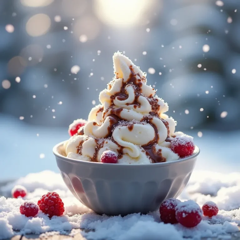 Bowl of fluffy snow cream topped with chocolate syrup and berries
